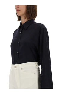 Moschino women’s blue cotton shirt with long sleeves crisp collar and subtle sheen in sleek black design
