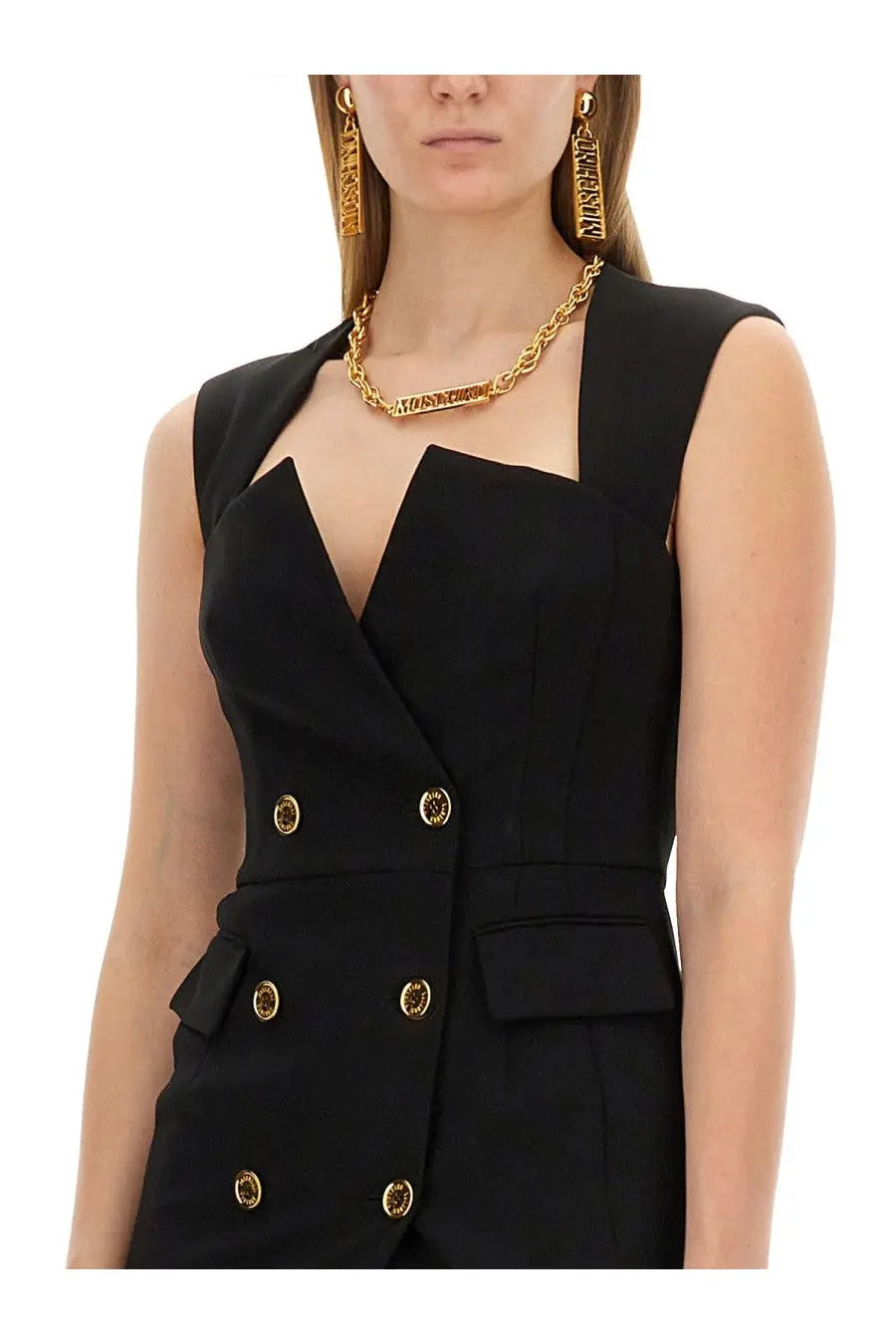 Moschino women’s black crepe sleeveless double-breasted jumpsuit with gold buttons and structured design