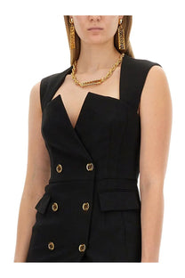 Moschino women’s black crepe sleeveless double-breasted jumpsuit with gold-tone buttons and a structured design