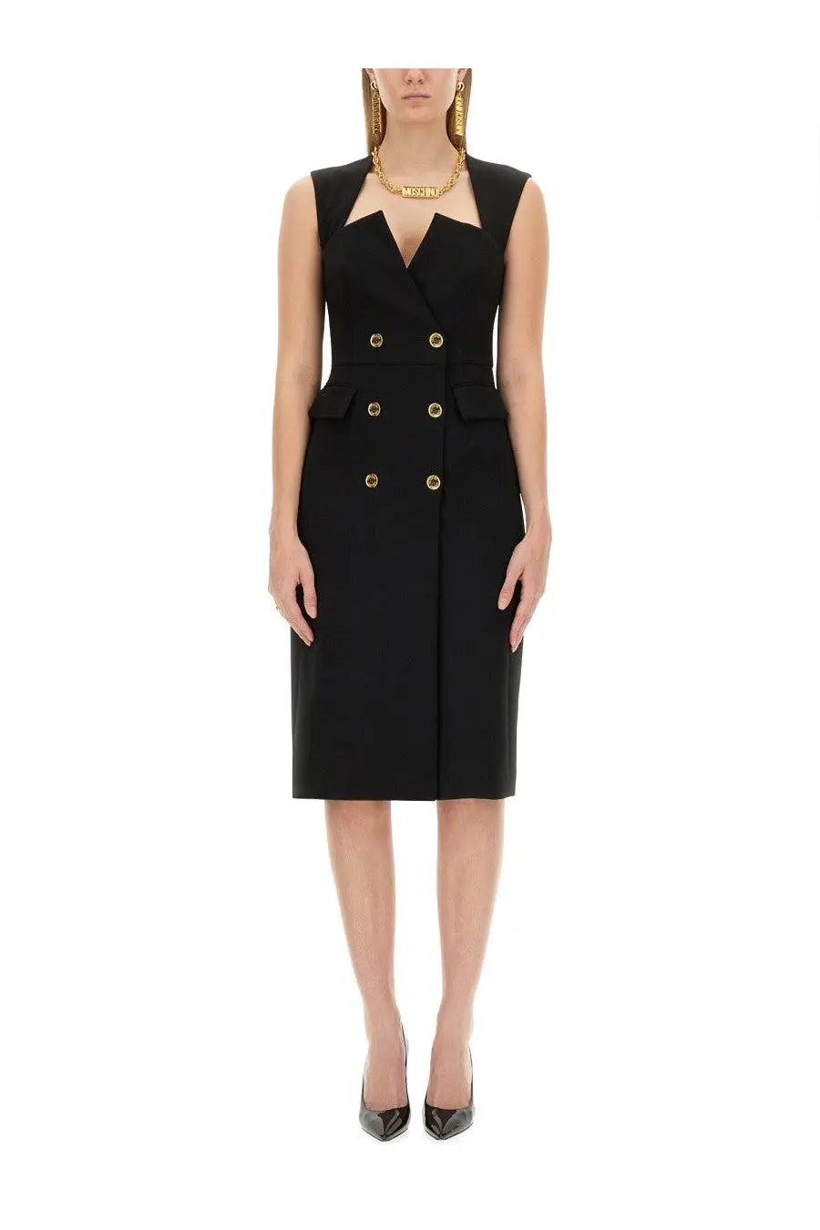 Moschino women’s black sleeveless crepe dress with gold-tone buttons and a tailored double-breasted fit