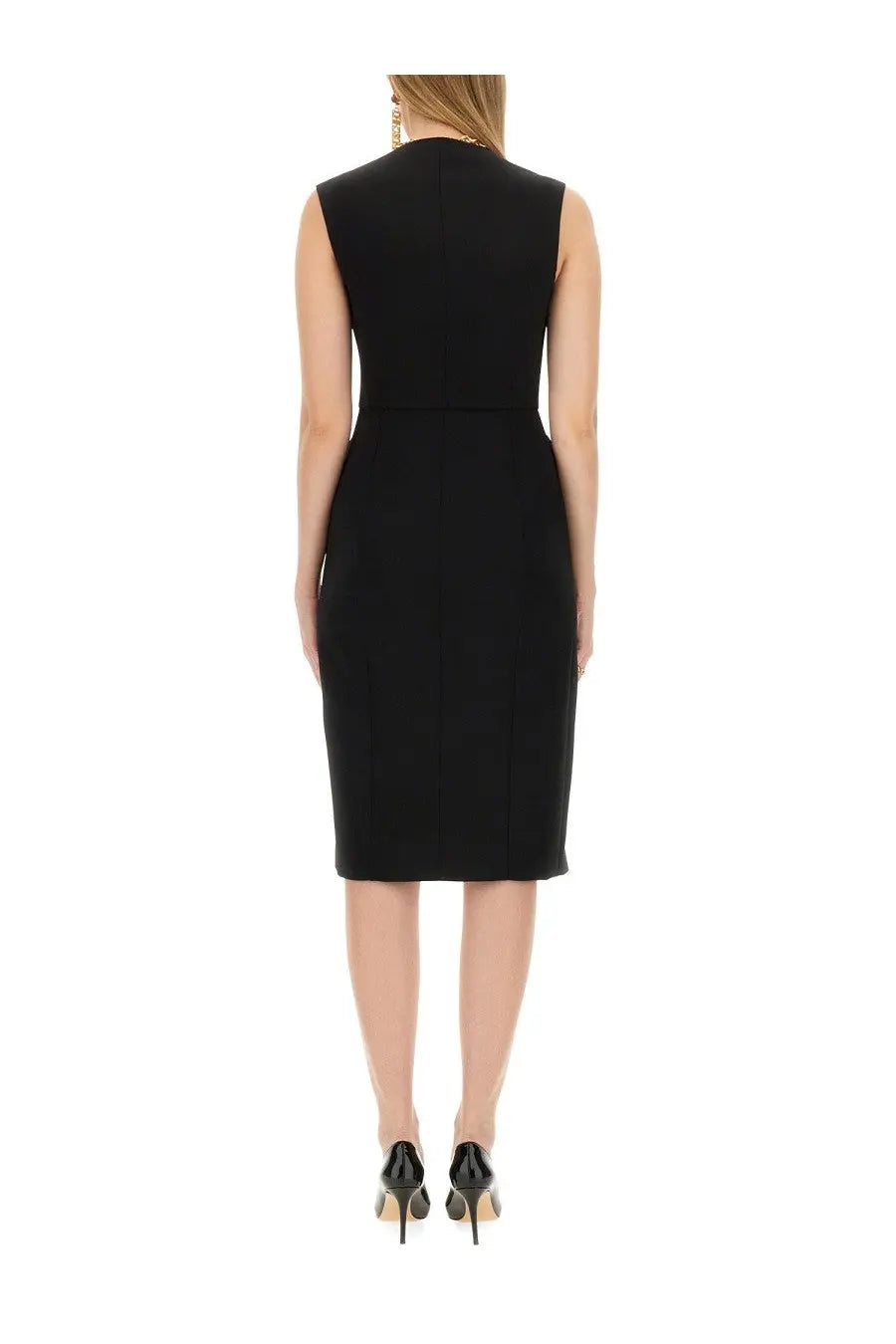Moschino women’s black crepe sleeveless fitted dress with high neckline and knee-length hem