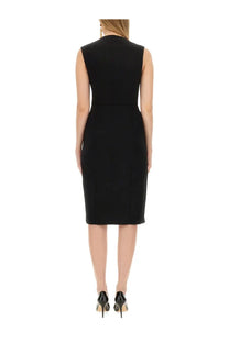 Moschino women’s black crepe sleeveless fitted dress with high neckline and knee-length hem