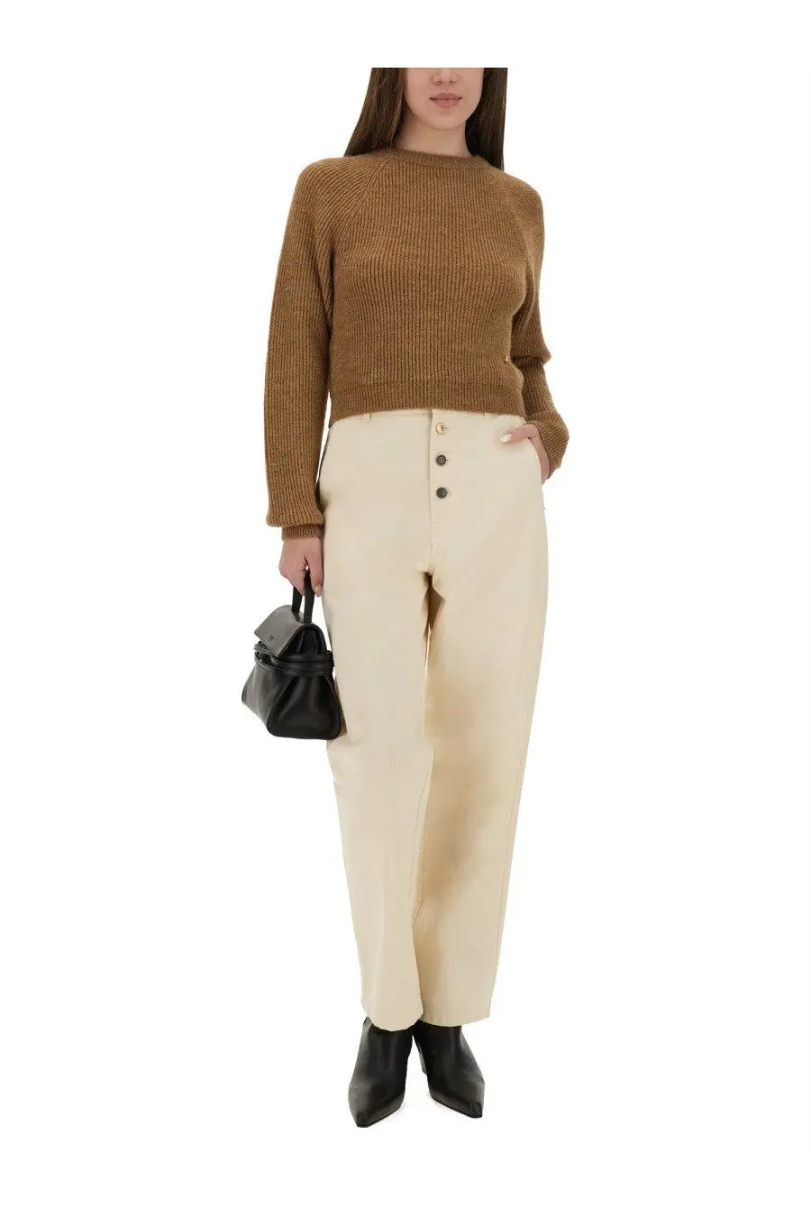 Cream-colored high-waisted trousers with button-front design styled with moschino women’s brown cropped shirt