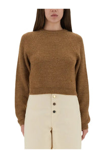Moschino women’s camel-colored ribbed knit cropped sweater with long sleeves and fitted silhouette