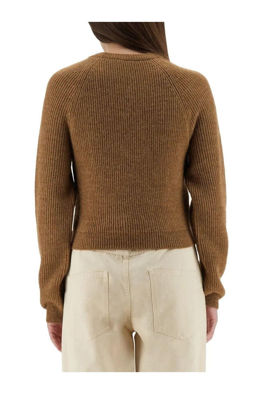 Moschino women’s cropped brown ribbed knit sweater with long sleeves and crew neckline in camel color