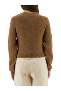 Moschino women’s cropped brown ribbed knit sweater with long sleeves and crew neckline in camel color
