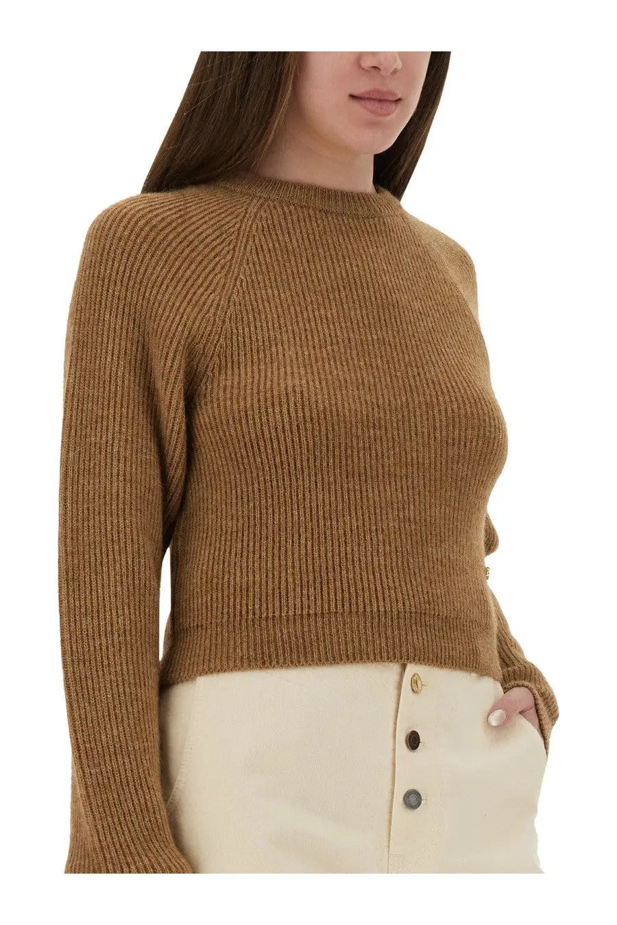 Moschino women’s cropped ribbed camel knit sweater with long sleeves and a fitted silhouette