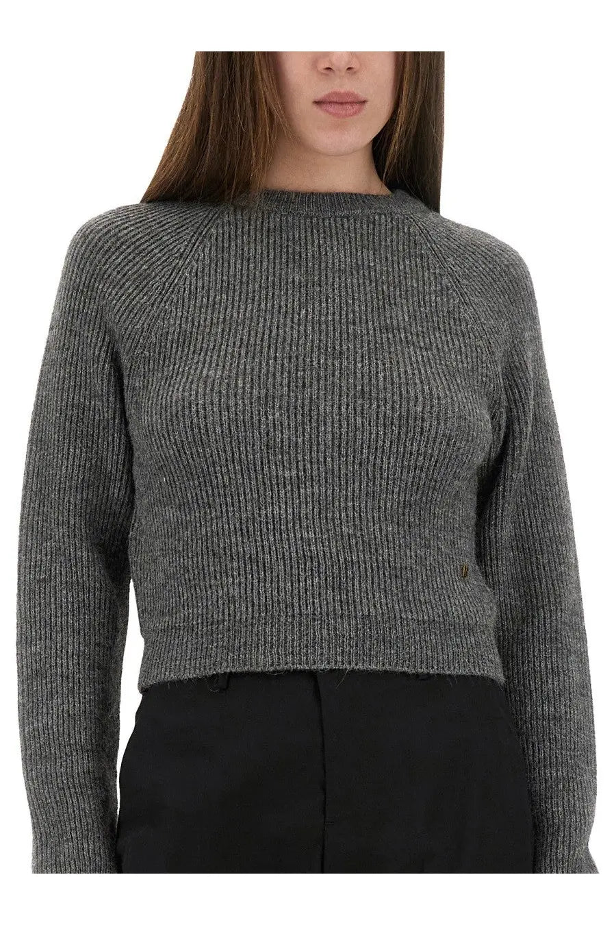 Moschino women’s cropped shirt grey ribbed knit sweater with long sleeves and round neckline