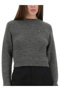 Moschino women’s cropped shirt grey ribbed knit sweater with long sleeves and round neckline