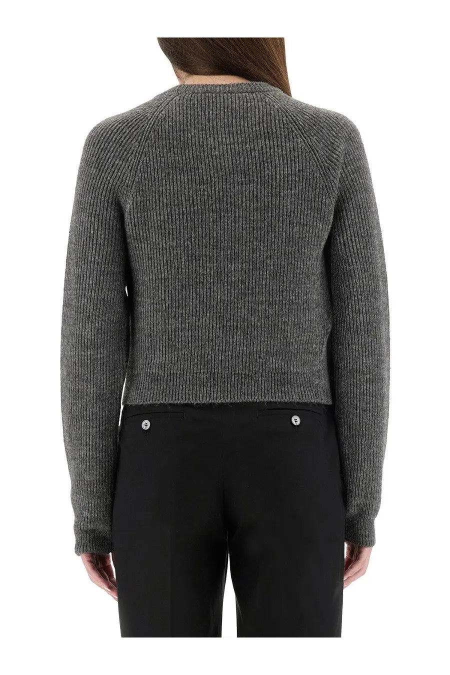 Moschino women’s grey cropped shirt in textured charcoal gray ribbed knit with long sleeves and cropped hem