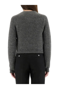 Moschino women’s grey cropped shirt in textured charcoal gray ribbed knit with long sleeves and cropped hem