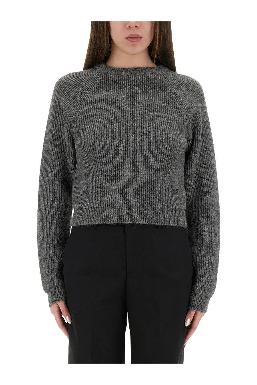 Moschino women’s cropped shirt grey textured ribbed knit sweater with long sleeves and a cropped fit