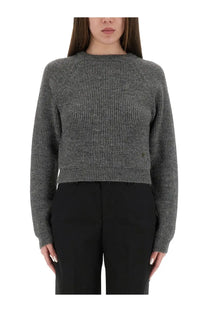 Moschino women’s cropped shirt grey textured ribbed knit sweater with long sleeves and a cropped fit