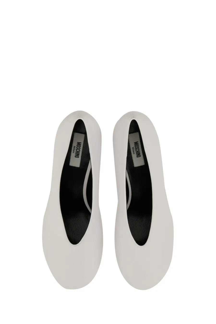 Moschino women’s decollete duck white ballet flats with sleek minimalist design and black insole