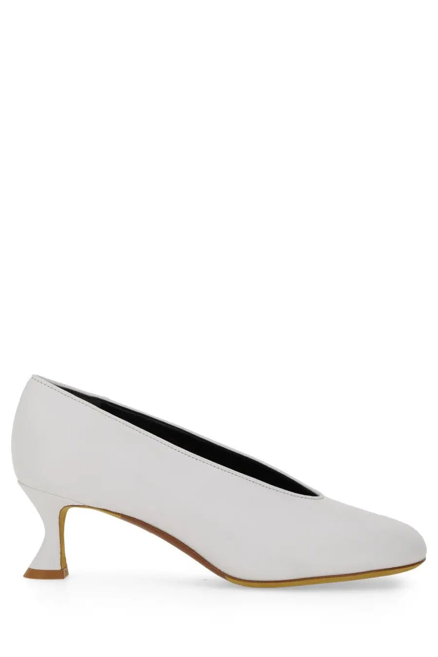 Moschino women’s decollete duck white white leather pump with sleek minimalist design and curved heel visible from back side