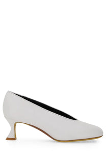 Moschino women’s decollete duck white white leather pump with sleek minimalist design and curved heel visible from back side