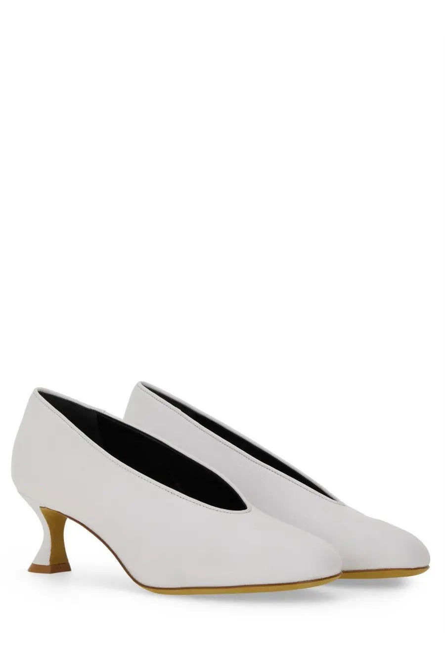 Moschino women’s Decollete Duck white leather pumps with sleek minimalist design and distinctive curved heel