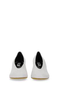 Moschino women’s decollete duck white leather pumps with sleek minimalist design and subtle gold-toned soles