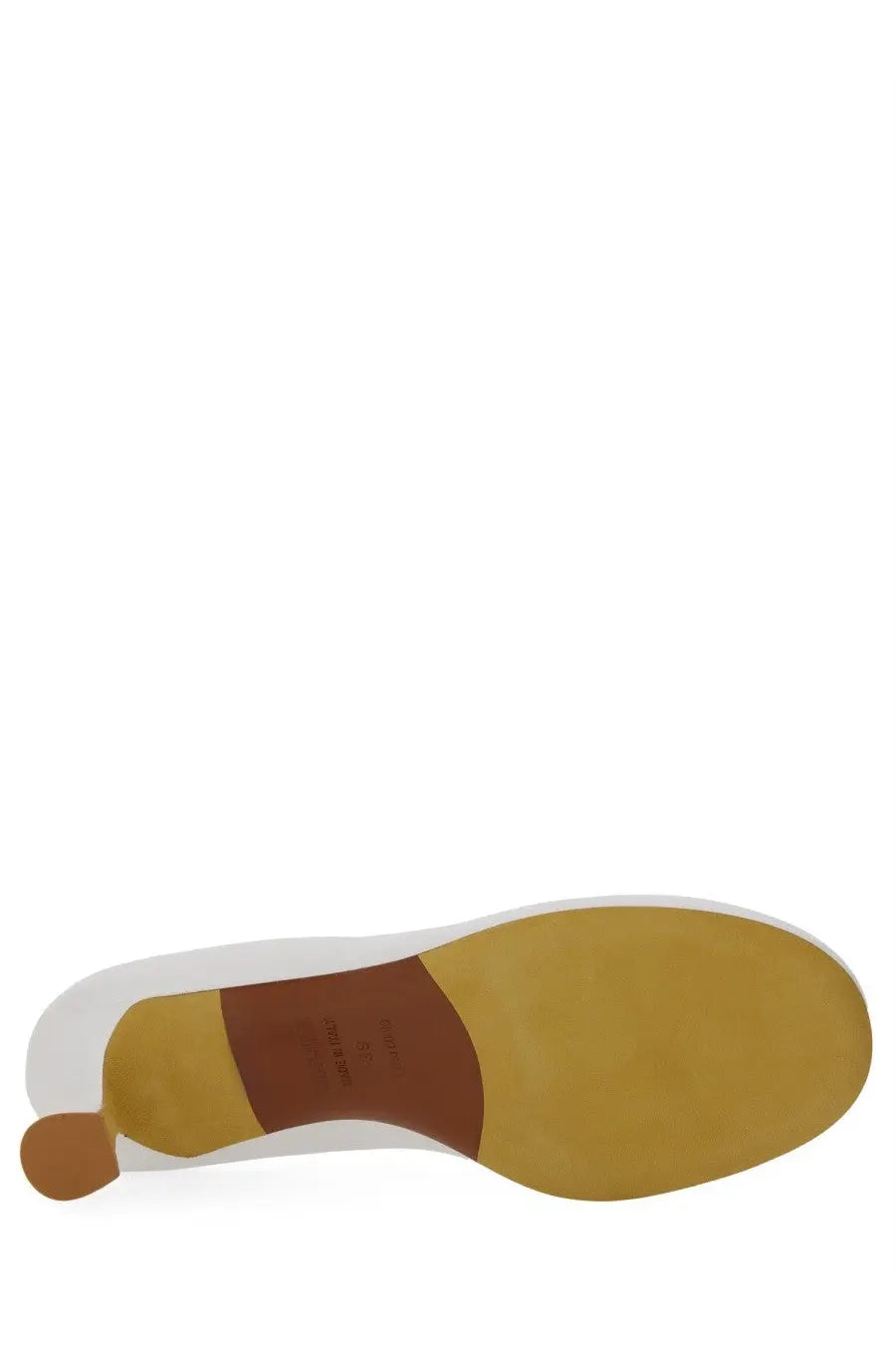 Back view of moschino women’s decollete duck white shoe showing white and tan rubber sole with brown leather patch
