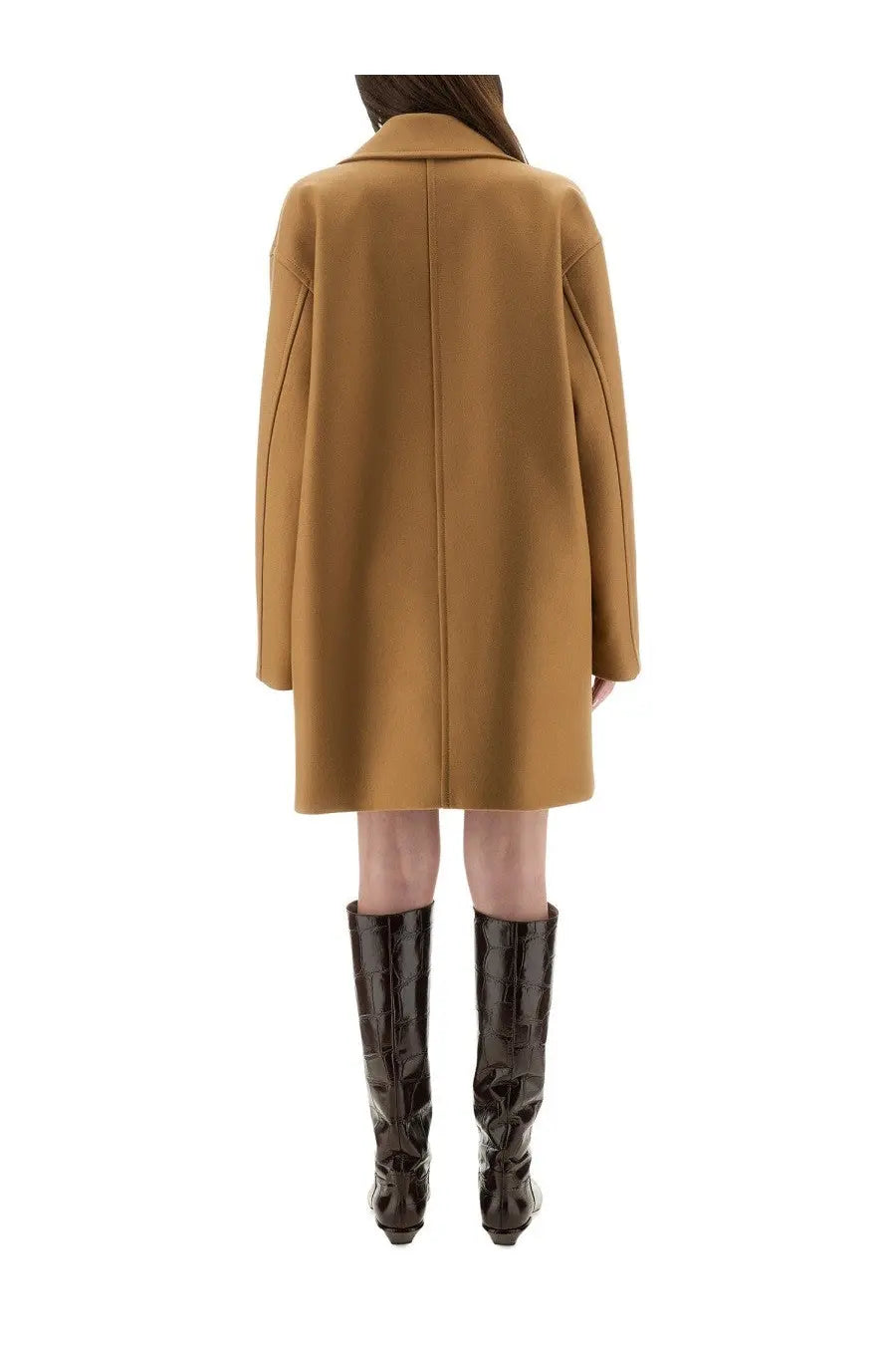 Moschino women’s double breasted coat beige camel-colored longline wool with classic collar and straight-cut sleeves