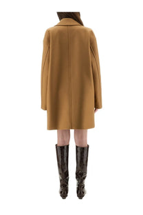 Moschino women’s double breasted coat beige camel-colored longline wool with classic collar and straight-cut sleeves