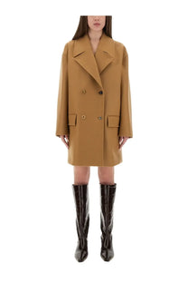 Moschino women’s camel-colored double-breasted wool coat with structured collar and matching button closures