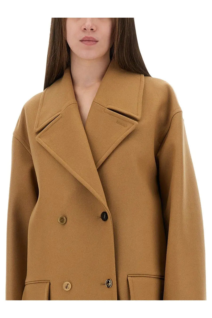 Moschino women’s camel-colored double-breasted wool coat with structured collar and matching buttons