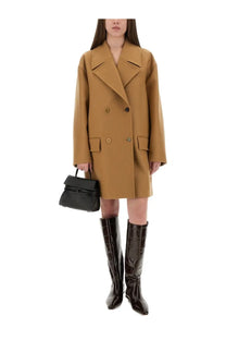 Moschino women’s camel-colored double-breasted wool coat with notched lapels and flap pockets beige