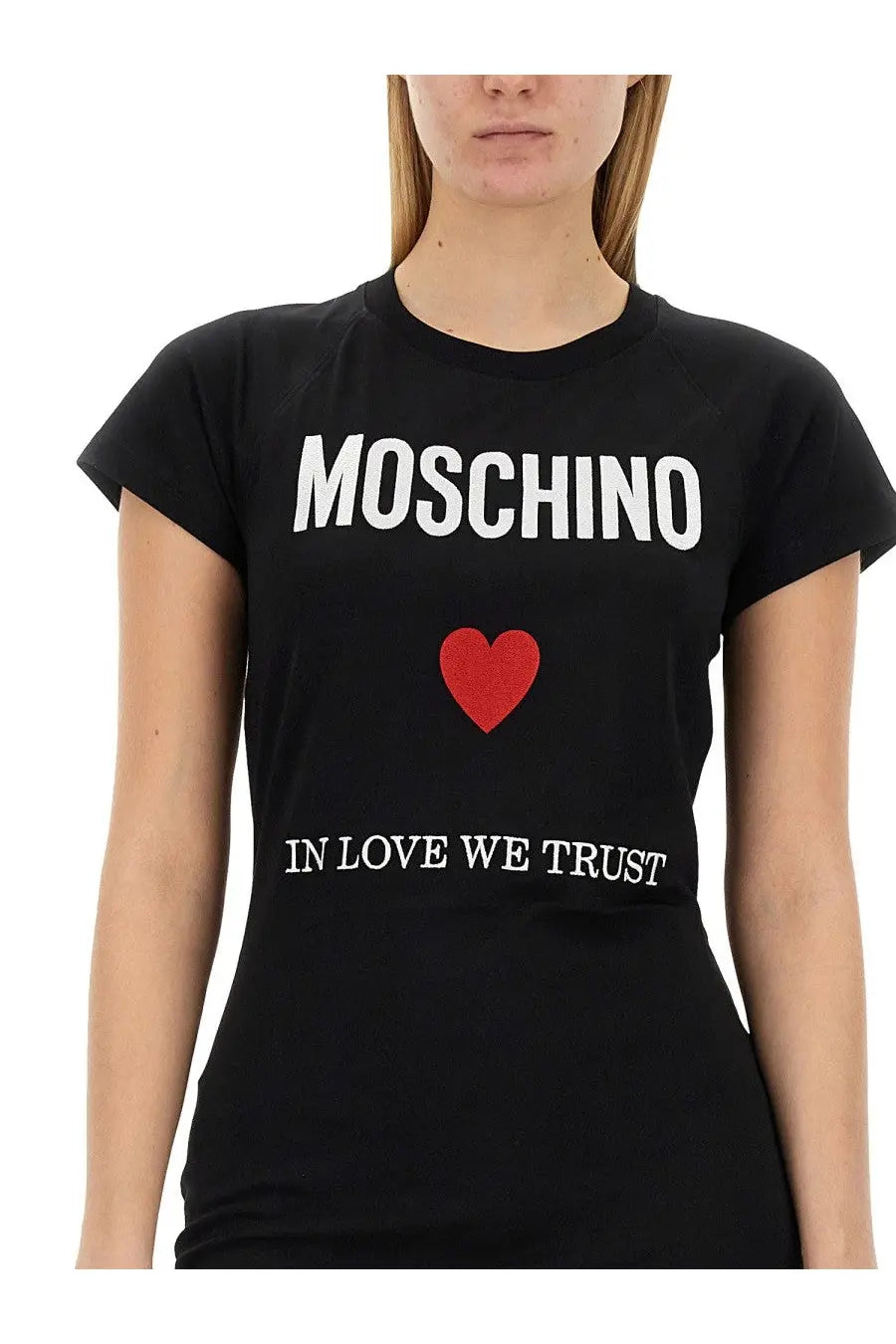 Moschino women’s black t-shirt with bold white lettering and red heart graphic in cotton fabric for casual wear