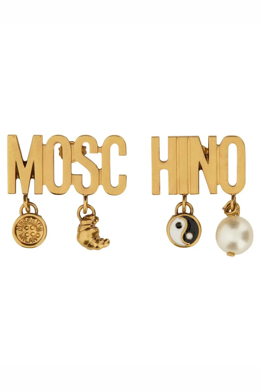 Moschino women’s gold-tone earrings with bold lettering and dangling sun croissant yin-yang and pearl charms