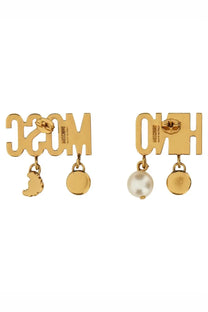 Moschino women’s gold-tone earrings with bold cut-out logo and dangling crescent moon and pearl-like charms