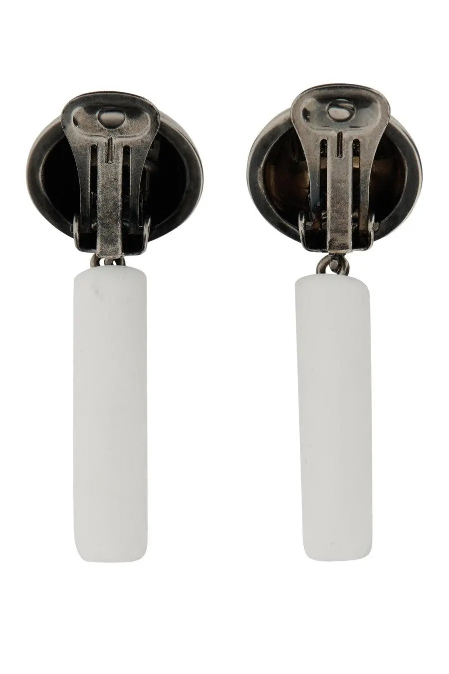 Moschino women’s white rectangular pendant earrings with silver-toned clip back fastenings