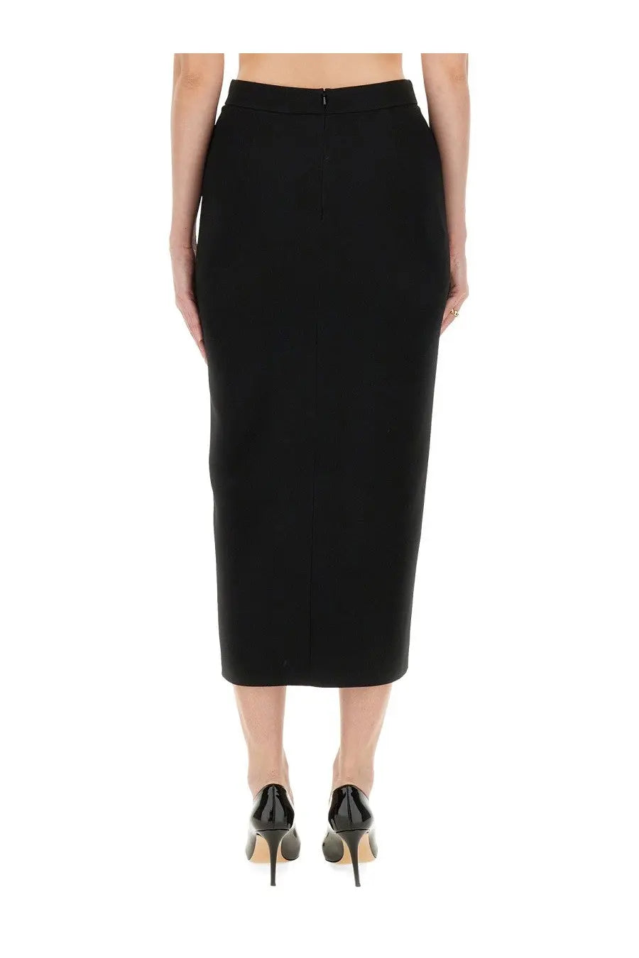 Black moschino womens enverse pencil skirt with sleek form-fitting silhouette and concealed back zipper visible