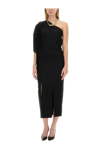 Moschino women’s enverse black midi skirt with one shoulder draped sleeve and front slit in elegant fabric