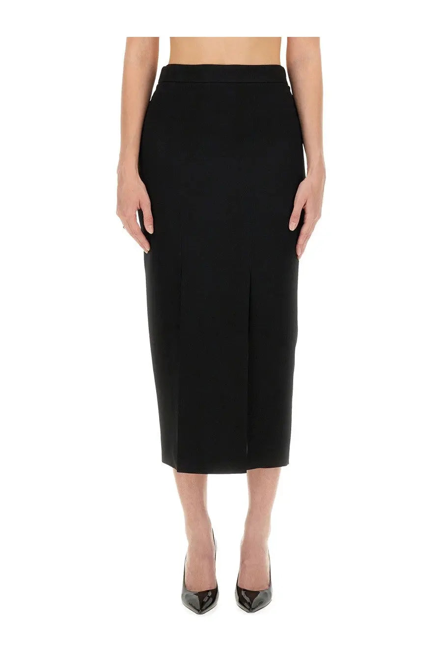 Moschino women’s enverse black tailored pencil skirt with sleek form fitting silhouette and subtle front pleats