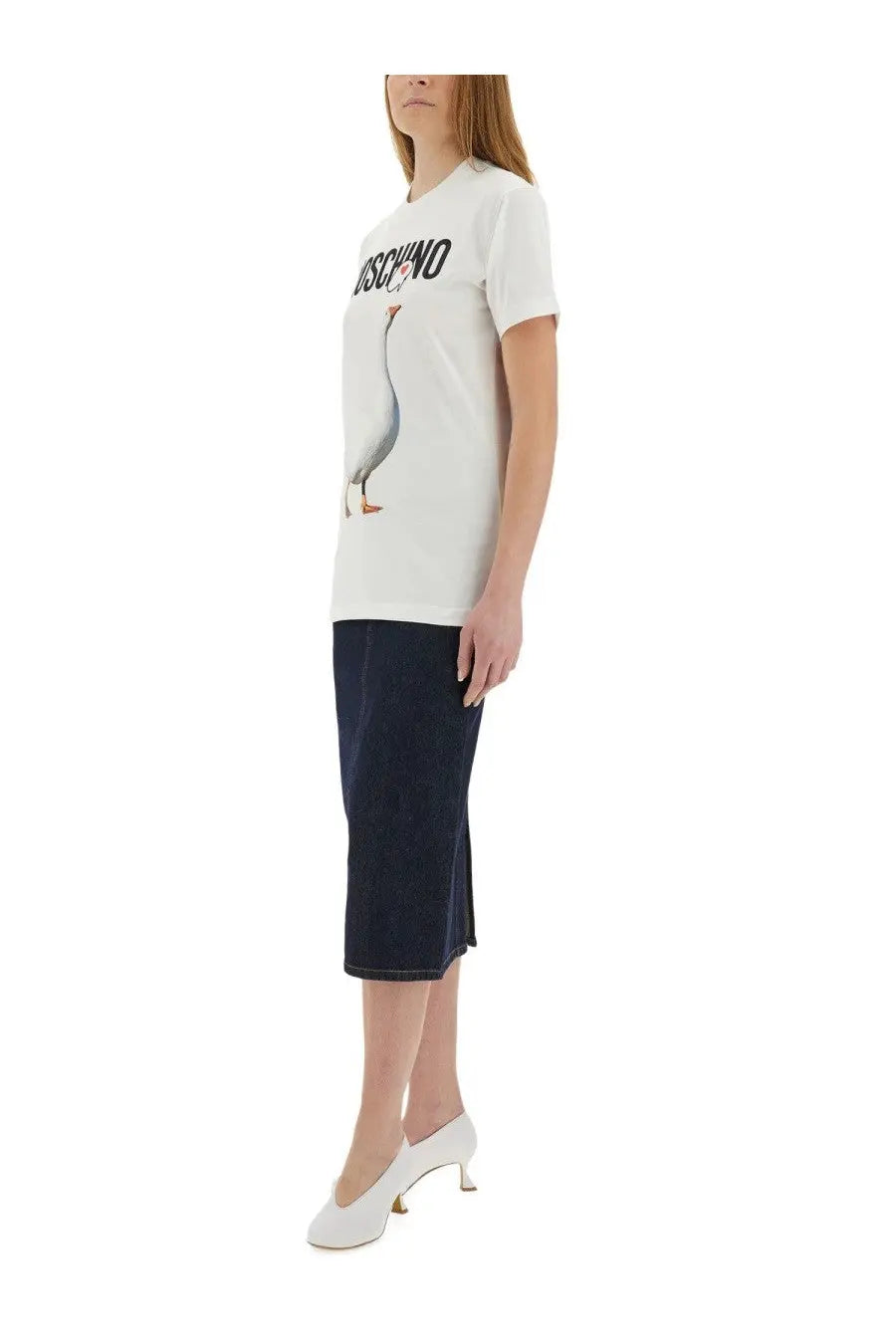 Moschino women’s white cotton t-shirt featuring a black and white goose graphic with the brand name above it