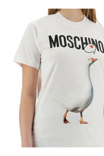 Moschino women’s white cotton t-shirt with black logo heart design and printed white goose with orange beak and feet