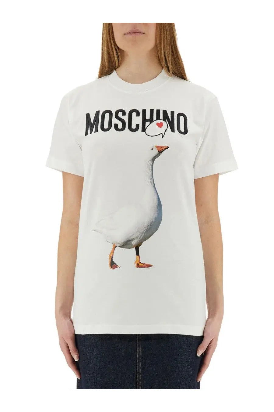 Moschino women’s white cotton t-shirt featuring a printed goose illustration with black lettering and a red heart