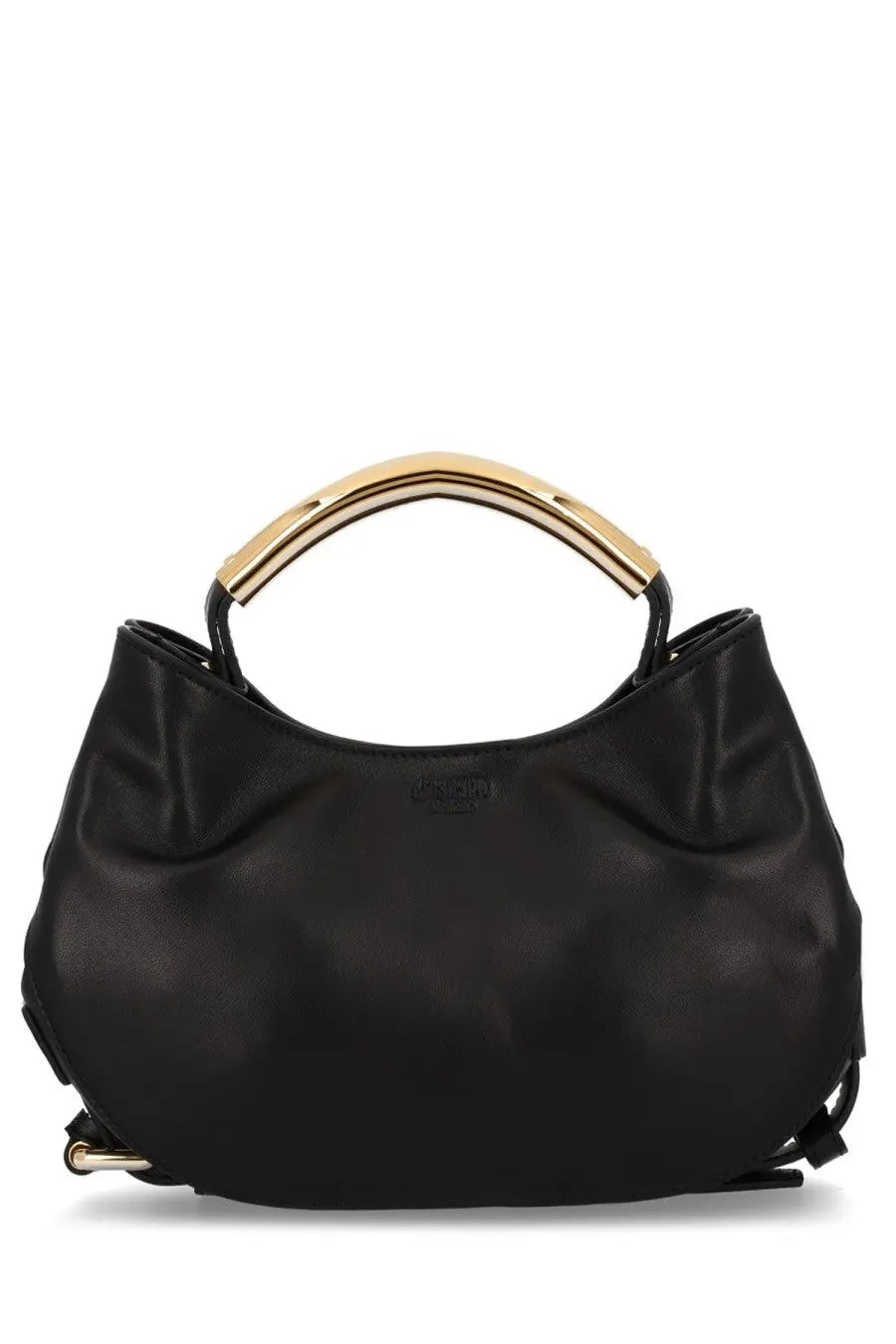 Moschino women’s black leather handbag with gold-tone bamboo handle and matching hardware