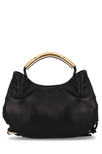 Moschino women’s black leather handbag with gold-tone bamboo handle and matching hardware