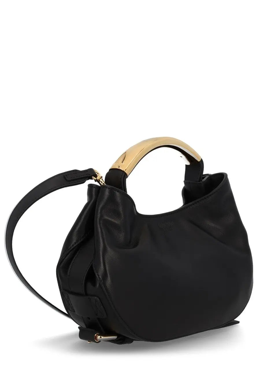 Moschino women’s black leather handbag with gold-tone bamboo handle and adjustable shoulder strap