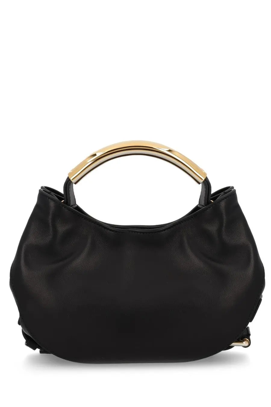 Moschino women’s black leather handbag with a gold-tone curved handle perfect for stylish outings