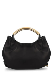 Moschino women’s black leather handbag with a gold-tone curved handle perfect for stylish outings