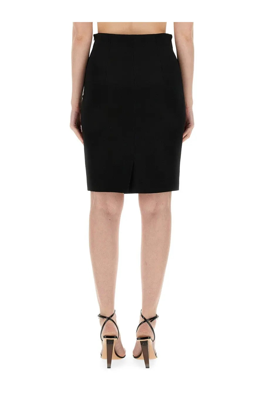 Moschino women’s black high-waisted pencil skirt with straight hem and subtle front slit for stylish wear