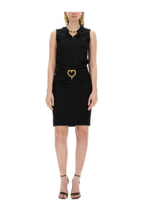 Moschino women’s black sleeveless dress with gold heart-shaped belt buckle and matching neckline accent