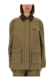 Olive green Moschino women’s heavy cotton utility jacket with textured brown corduroy collar and dark metal buttons