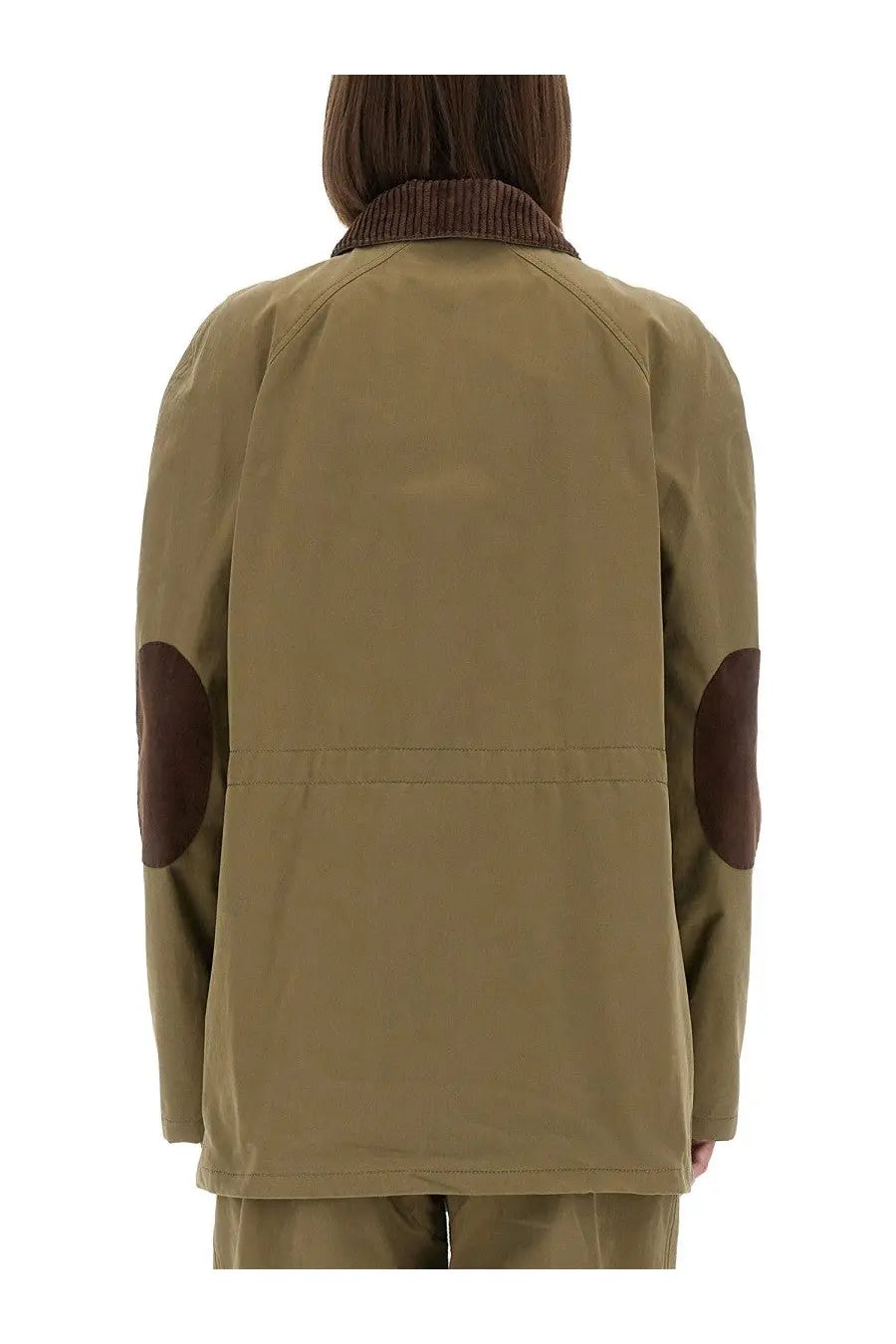 Moschino women’s heavy cotton jacket in olive green waxed cotton with brown corduroy collar and elbow patches