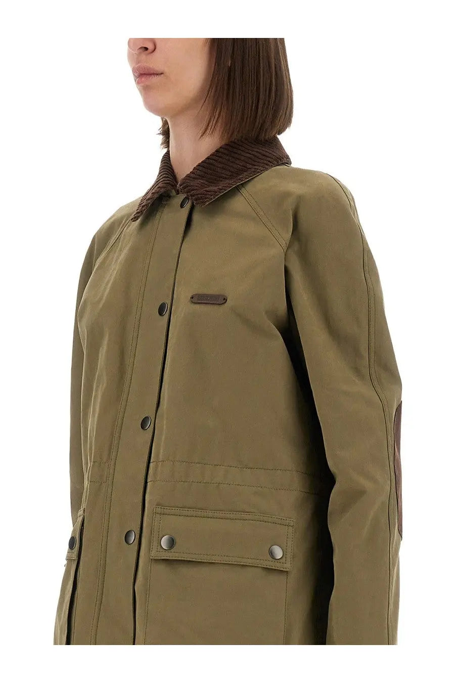 Moschino women’s olive green waxed cotton field jacket with brown corduroy collar and leather patch accents