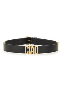 Moschino women’s black leather belt with gold-tone ciao buckle for stylish everyday wear