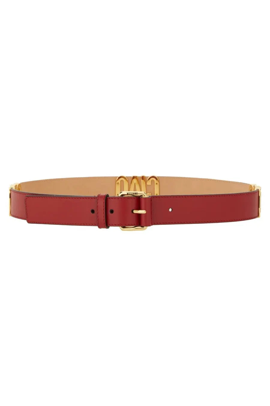 Moschino women’s red leather belt with gold-tone buckle and logo detail perfect for stylish outfits